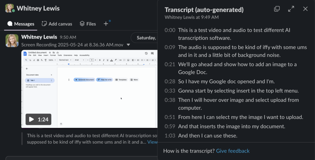 Slack conversation with video and video caption open.